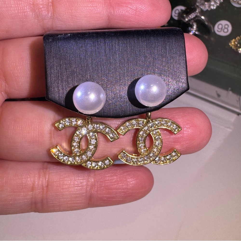S925 Posts-2-way Gold Crystal Drop Earrings with Pearl Tops